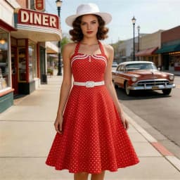 Tonval Halter Neck Polka Dot 1950s Fit and Flare Dresses Women Holiday Vintage Party Prom Shirred Back Belted Backless Dress