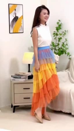 Women's Tulle Skirt Ruffle Multilayer Mesh A Line Tier Tutu Prom Irregular High Waisted Gradient Rainbow TulleLong Skirt 1379
