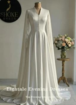 Eightale Arabic Wedding Dress V-Neck Lace Customized Ivory Satin Long Sleeves Cape Sleeves Bridal Gown Bride Party Dress