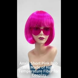 Hot Pink Short Bob Synthetic Wig Bangs Retro Y2K Women Bachelorette Halloween Club Carnival Cosplay Party