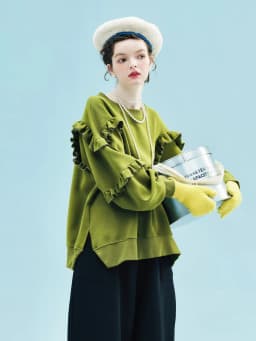 imakokoni Olive Green Ruffled Sleeve Crew Neck Sweatshirt Tops Women's Hoodies & Sweatshirts Casual Female Clothing for Women