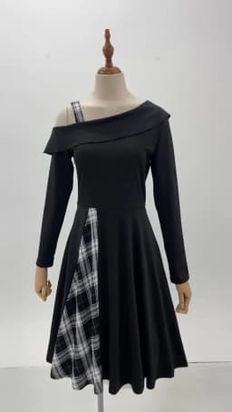 Tonval Black and Plaid One Shoulder Elegant Party Women Dresses Autumn Clothes 2023 Long Sleeve Evening Vintage Midi Swing Dress