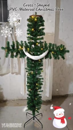 Cross Shaped Christmas Tree 150/180cm Pre Lit Warm LED Lights Artificial PVC Xmas Tree Religious Holiday Home Outdoor Decoration