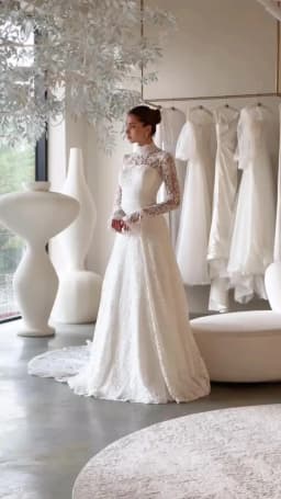 Elegant Wedding Dresses High Neck Long Sleeve A Line Lace Bride Dress for Women Sweep Train White Church Bridal Gown Customized