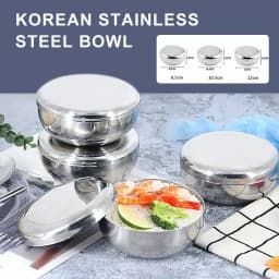 Stainless Steel Bowl Korean Big Cooked Rice Bowl With Cover Single Layer Steamed Rice Bowl Child Anti-Scalding/fall Tableware