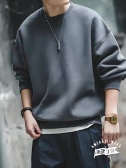 Maden Workwear Retro Grey Off Shoulder Space Cotton Sweater Air Layer Hatless Round Neck Coat Head Men's Fashion