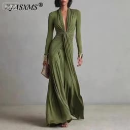 Women's Elegant Deep V Neck Maxi Dress Spring Twist Knot Ruched Floor-Length Evening Gown Autumn New Long Sleeve Slim Boho Dress