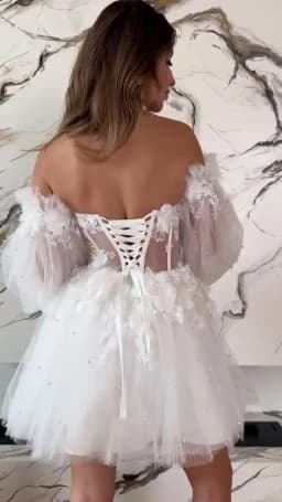 Customized Boat Neckline With 3D Flowers Long Puff Sleeves Tulle A-Line Mini Wedding Dress Elegant Lace-up Back Gown For Bride