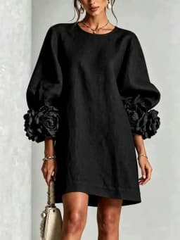 Vintage Solid Women Cocktail Dresses 3D Floral Cuff Decor 3/4 Sleeves Prom Dress Elegant Casual Party Wedding Guest Mini Dress