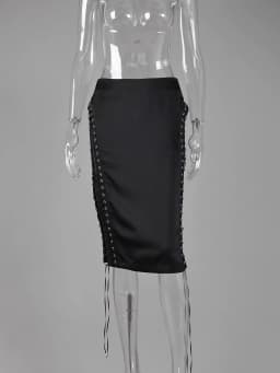 Linad Street Chic Black Satin Drawstring Skirts Woman 2026 Vintage Slim High Waist Straight Skirts Casual Lace Up Skirt Female