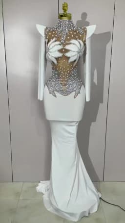 Luxury Sparkly Diamonds Pearl White See Through Mesh Long Dress Women Wedding Evening Party Stage Performance Photoshoot Dress