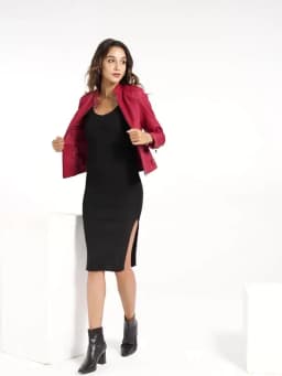 Women's Red PU Jacket, Vertical Collar Zipper Motorcycle Leather Coats, Fashion Casual Coat Female Outerwear, Black Purple Top.