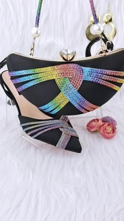 QSGFC New Black Color Flash Diamond Decoration Elegant And Intellectual Exquisite Banquet Ladies Shoes And Bag