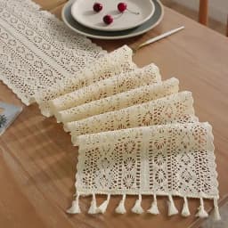 Boho Beige Table Runner, Vintage Farmhouse Bohemian Crochet Macrame Table Runner for Wedding Party Coffee Dining Table Decor