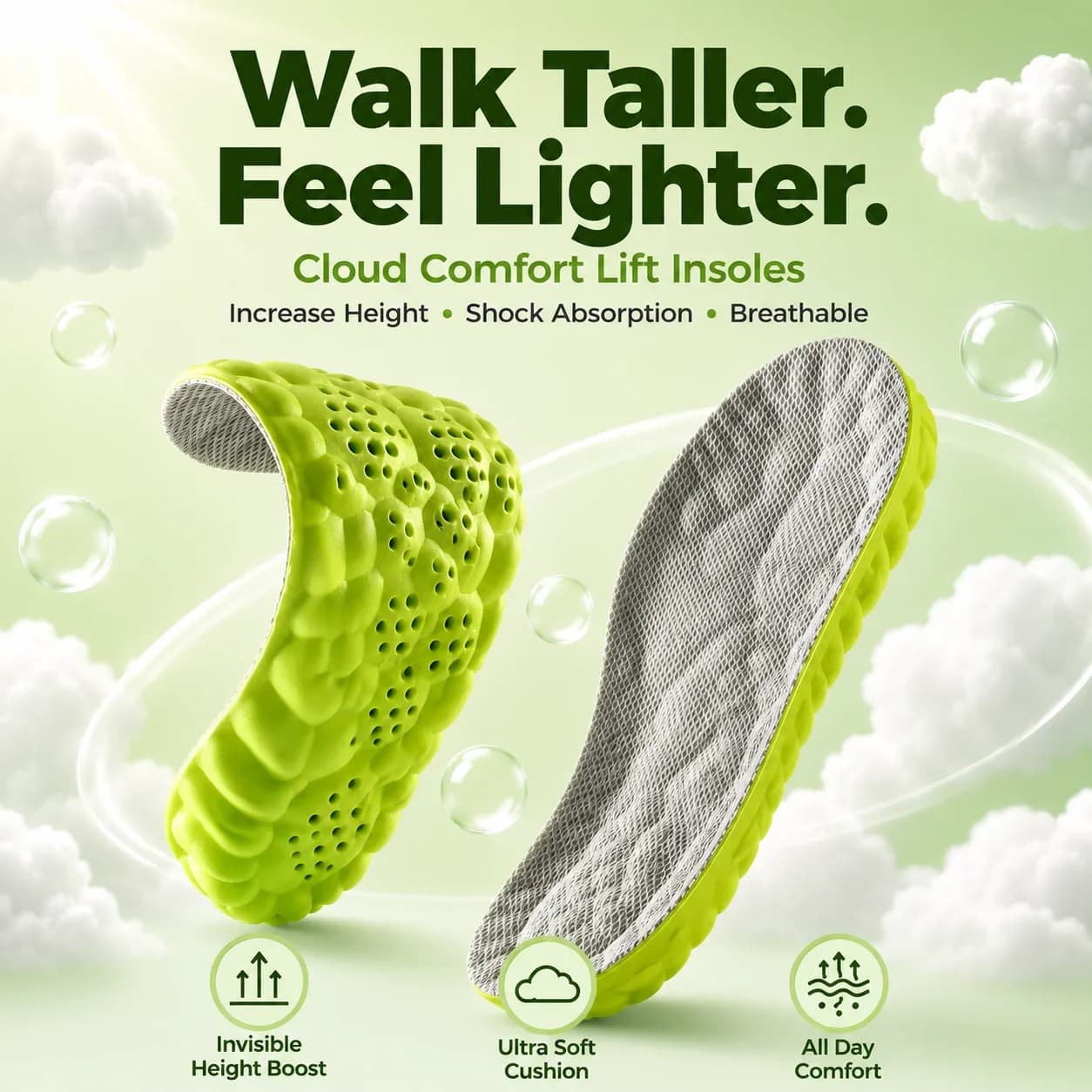 4D Cloud Sport Insoles PU Air Cushion Breathable Shock Absorption Height Increase Shoe Insoles for Men Women Run Walk Sneakers
