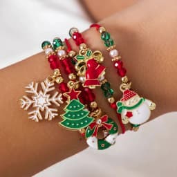KunJoe 5pcs/set Cute Christmas Series Snowflake Tree Pendant Crystal Bracelet Women CCB Beads Adjustable Thread Rope Bracelet