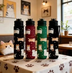 3D Printed Cute Cartoon Cat PVC-Free, Leak-Proof, Matte Finish 750ML Water Bottle,Includes Carry Loop Outdoor Activities