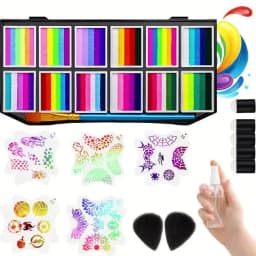 12-Color Rainbow Face Paint Palette & PVC Stencil Set — A Large-Capacity, Water-Based Body Paint Kit. The Reusable PVC Stencils