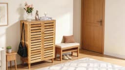 Bamboo Shoe Storage Cabinet with Slatted Doors, 5-Tier Wooden Shoe Organizer Cupboard for Entryway Hallway, Freestanding Large Shoe Rack with Side Hooks & Magnetic Closure