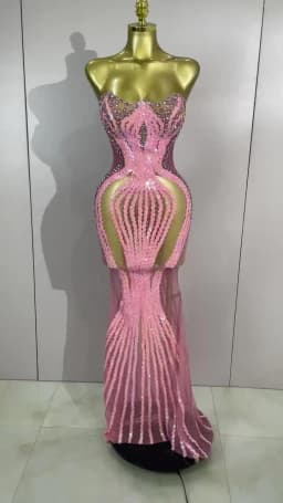 2026 Sexy Sparkly Pink Rhinetones Sequins Strapless Mesh Sheer Long Dress Birthday Evening Celebrate Party Nightclub Stage Wear