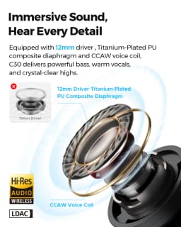 SOUNDPEATS C30 Wireless Earbuds -52dB Hybrid ANC Bluetooth 6.0 Headphones Hi-Res LDAC Audio, 6 Mics ENC, Fast Charge IP54