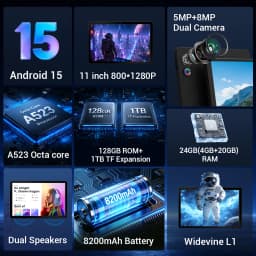 11 inch Android 15 Tablet PC 24(4+20)GB RAM 128GB ROM A523 Octa‑Core HD LCD 6800(8200)mAh Adult Tablet Full Set with Keyboard Mouse Case Stylus Pen Headphones Charger White Black