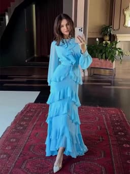 Elegant Solid Layered Ruffle Long Dress Women O Neck Long Sleeve Belt Chiffon Maxi Dress Autumn Wedding Guest Evening Party Robe