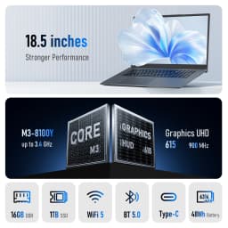 18.5' Laptop Intel Core M3-8100Y 3.4GHz, 16GB RAM 1TB SSD, Win 11 Pro Notebook Computer, FHD IPS Display 1920x1080, Full Keyboard with Numeric Keypad, USB-C HDMI RJ45, Dual Screen Support, Laptop for Work & Study