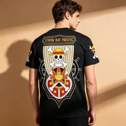 Men's One Piece Straw Hat Pirates Crew Front Back Matching T-Shirt, Anime Luffy Zoro Nami Chopper Graphic Otaku Streetwear Short