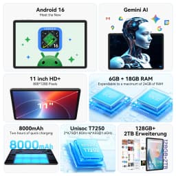KINGRID T50 Android 16 Tablet PC 10.9 Inch HD IPS Display Octa-Core Unisoc T615 24GB (6+18) RAM 128GB ROM 8000mAh Battery Dual Band 5G WiFi Bluetooth 5.0 GPS Google Play OTG Type-C Tablet for Online Learning Gaming Video Streaming Office Entertainment