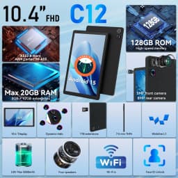 C12 8-Core Tablet PC 10.36 Inch Android 15 Laptop Style Tablet 20GB(3+17GB) RAM 128GB ROM 1280*800 HD LCD 5000mAh Type-C 1TB Expandable Basic Accessory Set For Study Entertainment