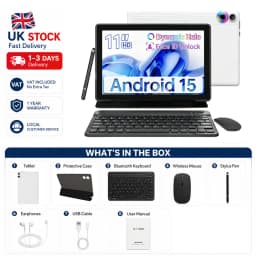 11 inch Android 15 Tablet PC 24(4+20)GB RAM 128GB ROM A523 Octa‑Core HD LCD 6800(8200)mAh Adult Tablet Full Set with Keyboard Mouse Case Stylus Pen Headphones Charger White Black