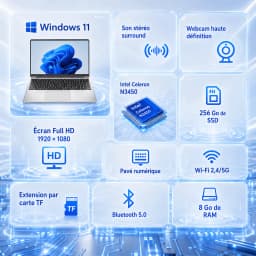 15.6 Inch Full Hd Ips 1920X1080 Laptop Intel Celeron N3450 8Gb Ddr4 Ram 256Gb Ssd Windows11 2.4G/5G Wifi Bluetooth 5.0 5000Mah Battery Numeric Keypad Webcam Mini HDMI France Stock 24H Delivery 2 Years Warranty Student Office Laptop