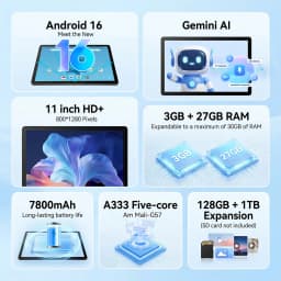 10.95‑Inch Slim Android16 Tablet with Gemini AI,30GB(3+27GB Virtual)RAM 128GB ROM 1TB Expandable, Widevine L1 1920*1200 Display,7800mAh Long Standby Battery,5MP+8MP Dual Cameras Five‑Core Tablet for Streaming Work Study Gaming