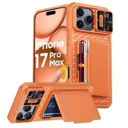For iPhone 17 Pro Max With Card Holder Sliding Camera Cover And Stand Phone Case, Anti-Fall PC+TPU Wallet Case-Orange