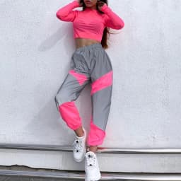 OMSJ Autumn Winter Loose Hight Waist Flash Reflective Patchwork Jogger Pants 2024 Women Neon Streetwear Outfits Cargo Trousers