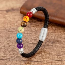 Natural Round Chakra Bead Stone Men's Bracelet Classic Black Genuine Leather Stainless Steel Bangles Women 2020 Fashion Jewelry
