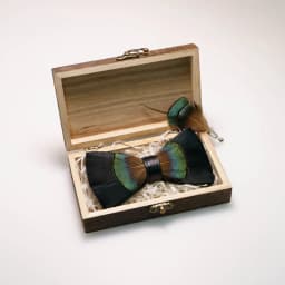 EASTEPIC Handmade Feather Bow Tie Brooch Wooden Box Set Men's Exquisite Accessories for Wedding Party Birthday Gift Necktie