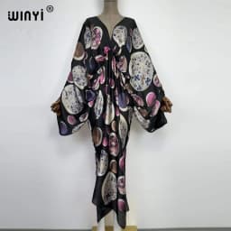 Sexy Beach High-Quality Hand-Rolled Feel Silk Rayon Fashion Print 2021 WINYI Maxi Women's Robes Long Beach V-Neck Bohemian Dress