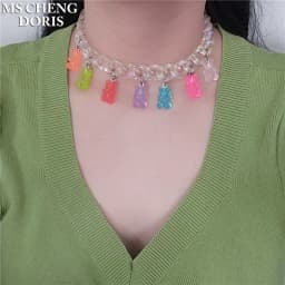 Handmade 7 Colors Cute Cartoon Bear Acrylic Chain Necklaces Candy Color Pendant For Women&Girl Daily Jewelry Party Gifts