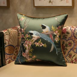 Medicci Home Silk Cushion Cover Spring Birds Embroidery Oriental Luxury Upmarket Brocade Pillowcase For Couch Sofa Bed 18x18Inch