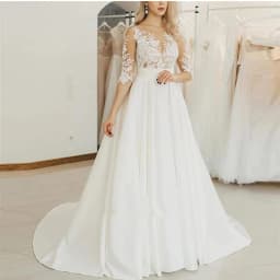 Bride Gown For Woman Illusion A-Line Bow Sashes Bridal Gowns O-Neck Satin Appliques Half Sleeves Wedding Dresses Robe De Mariée