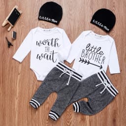Newborn Infant Baby Boy Clothes Sets 3pcs Little Brother Long Sleeve Romper Pant Hats Outfit Clothes
