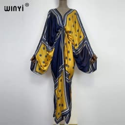 Sexy Beach High-Quality Hand-Rolled Feel Silk Rayon Fashion Print 2021 WINYI Maxi Women's Robes Long Beach V-Neck Bohemian Dress
