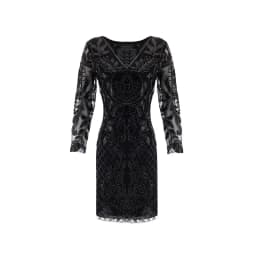 V-neck Long-Sleeve Tulle Embroider Evening Beaded Art Dec Dress Elegant Vintage 1920s Party Dress Great Gatsby Sequin Dress