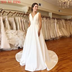 Customized Elegant A-line Wedding Dresses V-neck White Ivory Simple Satin Vestidos De Novia Lace Up Back Wedding Bridal Gowns