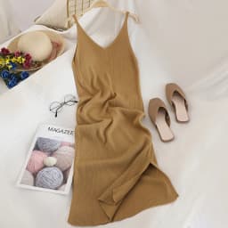Fashion Knitted Women Dresses Elegant Solid Colid Korean Split Out Sleeveless V-Neck Party Female Dress Vestidos