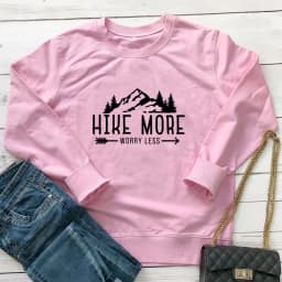 Hike More Worry Less Sweatshirt Casual Unisex Camping Pullovers Funny Women Graphic Outdoors Wanderlust Sweatshirts