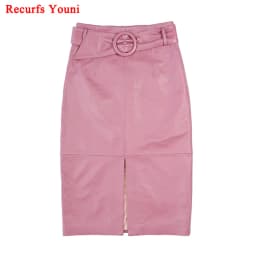 RYS9325 Winter Women Genuine Leather 65cm Long Wrap Skirt Female Ring Belt High Waist Faldas Mujer Front Slit OL Sexy Pink Jupe