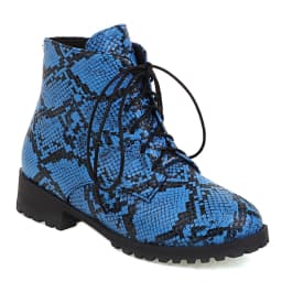 Oversized Blue Snake Print Lace-Up Women's Ankle Boots, Flat-Bottomed Low-Heeled Short Plush Inner Lining Autumn Warm Short Boot